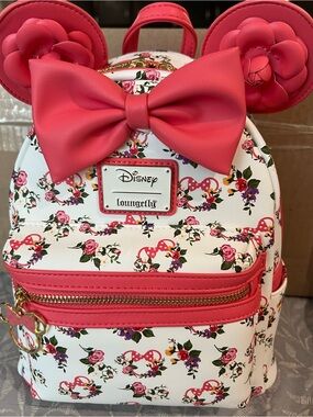 Loungefly White Floral Minnie Ear Mini Backpack with Pink Bow